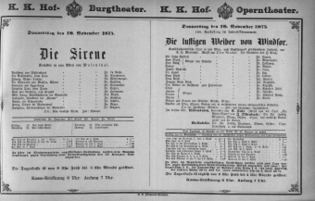 Theaterzettel (Oper und Burgtheater in Wien) 18751118 Seite: 1