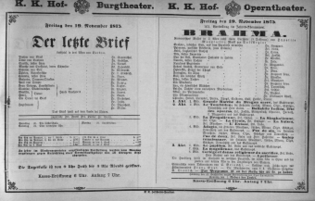 Theaterzettel (Oper und Burgtheater in Wien) 18751119 Seite: 1