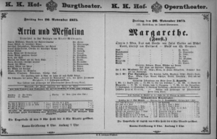 Theaterzettel (Oper und Burgtheater in Wien) 18751126 Seite: 1