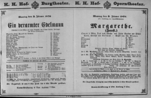 Theaterzettel (Oper und Burgtheater in Wien) 18760103 Seite: 1