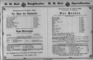 Theaterzettel (Oper und Burgtheater in Wien) 18760106 Seite: 1