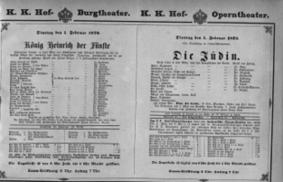 Theaterzettel (Oper und Burgtheater in Wien) 18760201 Seite: 1