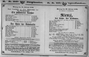 Theaterzettel (Oper und Burgtheater in Wien) 18760228 Seite: 1