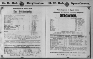 Theaterzettel (Oper und Burgtheater in Wien) 18760401 Seite: 1
