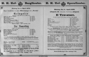 Theaterzettel (Oper und Burgtheater in Wien) 18760404 Seite: 1