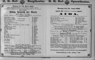 Theaterzettel (Oper und Burgtheater in Wien) 18760424 Seite: 1