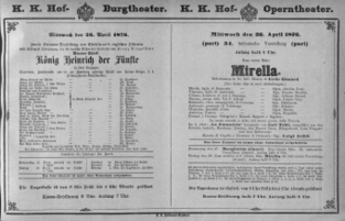 Theaterzettel (Oper und Burgtheater in Wien) 18760426 Seite: 1