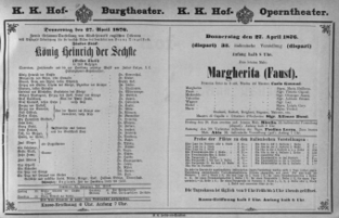 Theaterzettel (Oper und Burgtheater in Wien) 18760427 Seite: 1