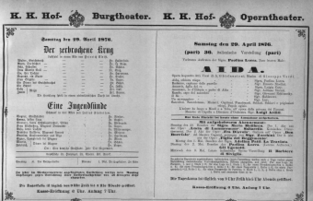 Theaterzettel (Oper und Burgtheater in Wien) 18760429 Seite: 1