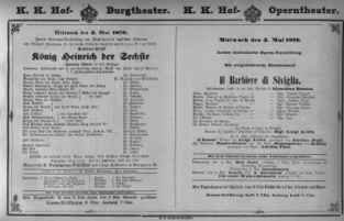 Theaterzettel (Oper und Burgtheater in Wien) 18760503 Seite: 1