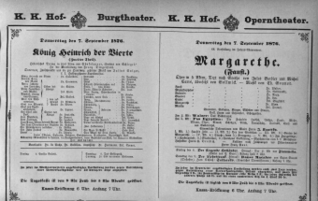 Theaterzettel (Oper und Burgtheater in Wien) 18760907 Seite: 1