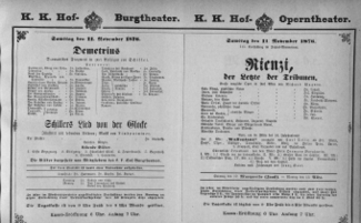 Theaterzettel (Oper und Burgtheater in Wien) 18761111 Seite: 1