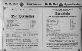 Theaterzettel (Oper und Burgtheater in Wien) 18761121 Seite: 1