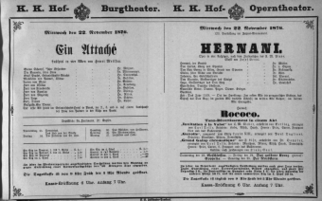 Theaterzettel (Oper und Burgtheater in Wien) 18761122 Seite: 1