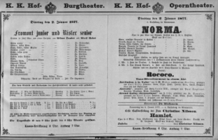Theaterzettel (Oper und Burgtheater in Wien) 18770102 Seite: 1