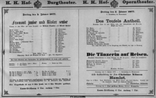 Theaterzettel (Oper und Burgtheater in Wien) 18770105 Seite: 1