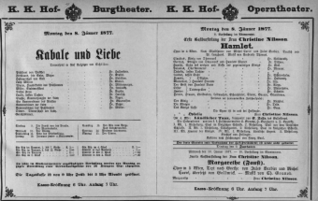 Theaterzettel (Oper und Burgtheater in Wien) 18770108 Seite: 1