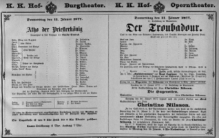 Theaterzettel (Oper und Burgtheater in Wien) 18770111 Seite: 1
