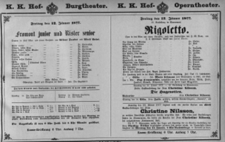 Theaterzettel (Oper und Burgtheater in Wien) 18770112 Seite: 1