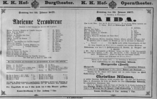 Theaterzettel (Oper und Burgtheater in Wien) 18770114 Seite: 1