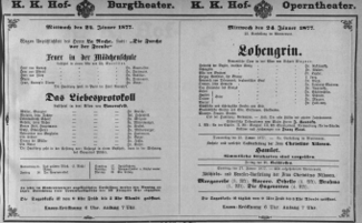 Theaterzettel (Oper und Burgtheater in Wien) 18770124 Seite: 1