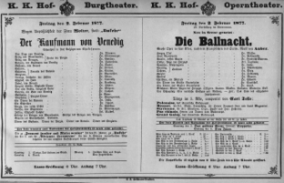 Theaterzettel (Oper und Burgtheater in Wien) 18770202 Seite: 1