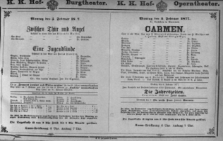 Theaterzettel (Oper und Burgtheater in Wien) 18770205 Seite: 1