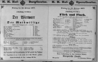 Theaterzettel (Oper und Burgtheater in Wien) 18770213 Seite: 1