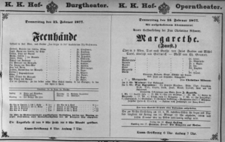 Theaterzettel (Oper und Burgtheater in Wien) 18770215 Seite: 1