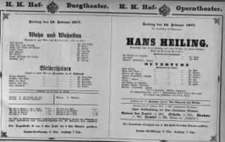Theaterzettel (Oper und Burgtheater in Wien) 18770216 Seite: 1