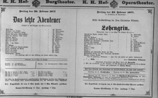 Theaterzettel (Oper und Burgtheater in Wien) 18770223 Seite: 1