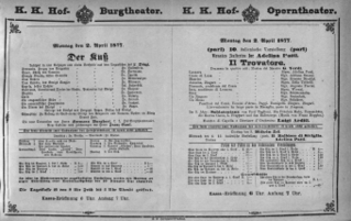 Theaterzettel (Oper und Burgtheater in Wien) 18770402 Seite: 1