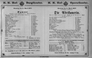 Theaterzettel (Oper und Burgtheater in Wien) 18770408 Seite: 1