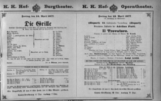 Theaterzettel (Oper und Burgtheater in Wien) 18770413 Seite: 1