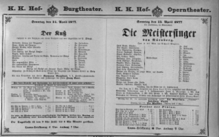 Theaterzettel (Oper und Burgtheater in Wien) 18770415 Seite: 1
