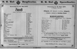 Theaterzettel (Oper und Burgtheater in Wien) 18770419 Seite: 1
