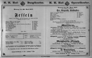 Theaterzettel (Oper und Burgtheater in Wien) 18770430 Seite: 1