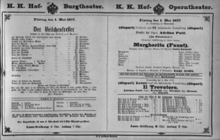 Theaterzettel (Oper und Burgtheater in Wien) 18770501 Seite: 1