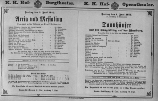 Theaterzettel (Oper und Burgtheater in Wien) 18770601 Seite: 1