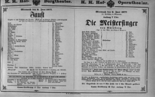 Theaterzettel (Oper und Burgtheater in Wien) 18770606 Seite: 1