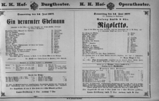 Theaterzettel (Oper und Burgtheater in Wien) 18770614 Seite: 1