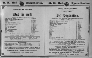 Theaterzettel (Oper und Burgtheater in Wien) 18770622 Seite: 1