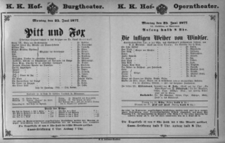 Theaterzettel (Oper und Burgtheater in Wien) 18770625 Seite: 1