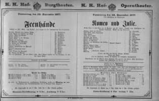 Theaterzettel (Oper und Burgtheater in Wien) 18770913 Seite: 1