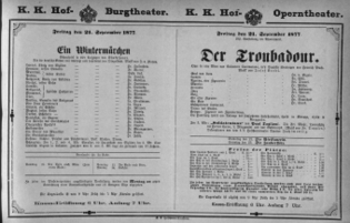 Theaterzettel (Oper und Burgtheater in Wien) 18770921 Seite: 1