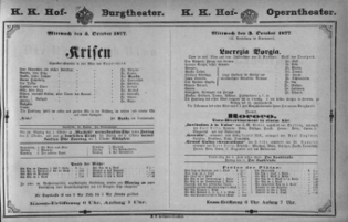 Theaterzettel (Oper und Burgtheater in Wien) 18771003 Seite: 1
