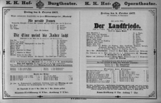 Theaterzettel (Oper und Burgtheater in Wien) 18771005 Seite: 1