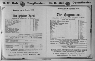 Theaterzettel (Oper und Burgtheater in Wien) 18771006 Seite: 1