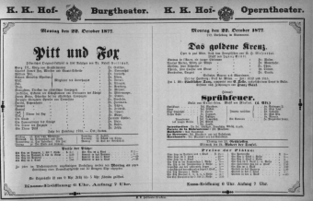 Theaterzettel (Oper und Burgtheater in Wien) 18771022 Seite: 1