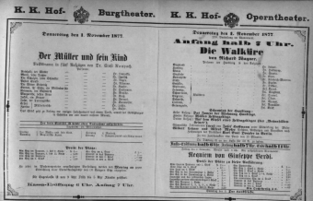 Theaterzettel (Oper und Burgtheater in Wien) 18771101 Seite: 1